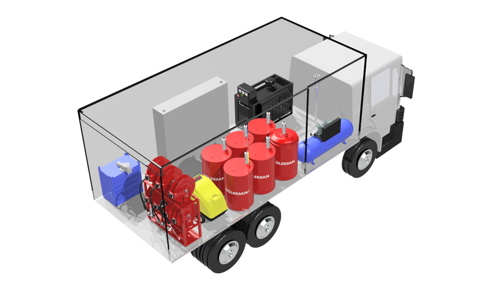 Mobile Lube Truck. Comprehensive vehicle equipped with tanks, pumps, and reels for on-site fluid maintenance, lubrication, and waste oil collection.